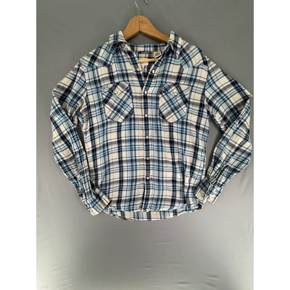 Levi's Pearl Snap Shirt Medium Plaid Western Long Sleeve Blue Flannel Barstow